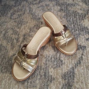 Tricolor Metallic-Look Wedge Sandals